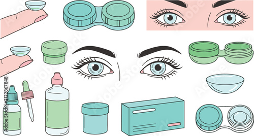 Contact Lens Care and Optometry Vector Element Set Featuring Eye Lenses Storage Cases Solution Bottles Dropper and Beautiful Eyes Graphic Illustrations
