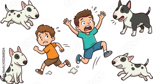 Картината върху платно Scared Cartoon Boys Running Away From Barking Bull Terrier Dogs Vector Illustrat