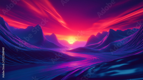 Futuristic synthwave landscape with a winding river leading to a glowing neon sunset.