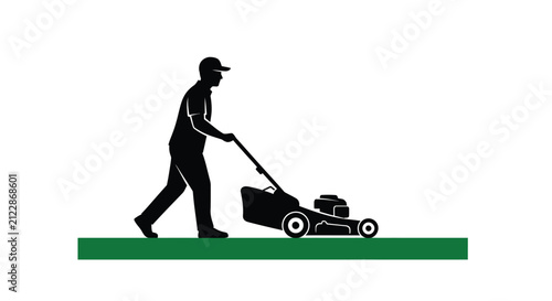 Obraz na płótnie A silhouetted figure actively mows a green lawn with a push lawnmower illustrati