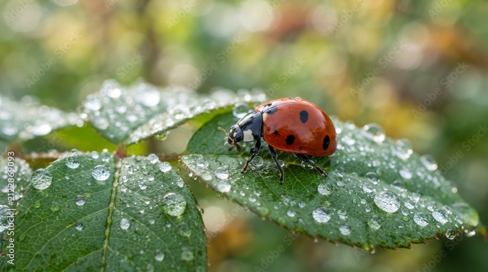 Fototapeta premium Ladybug on Green Leaf with Dew Drops
