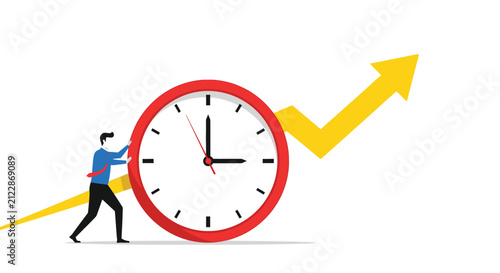 Fotografía A businessman struggles to push a large red clock forward representing time and