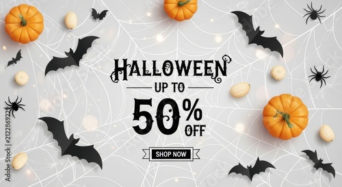 Halloween sale banner with pumpkins, bats, spiders and spiderwebs on a light grey background