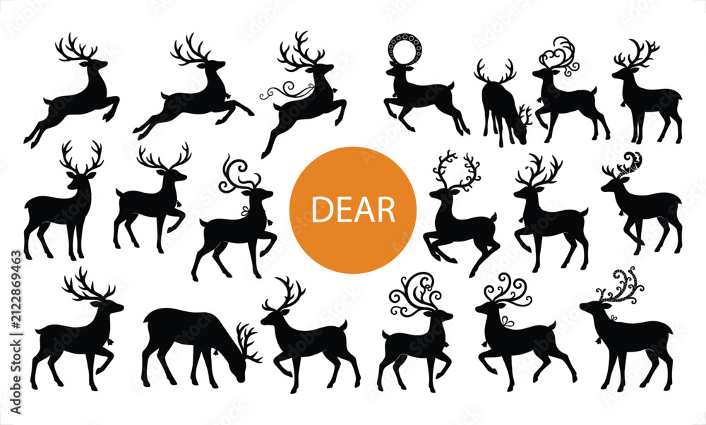 Fototapeta premium Set of black deer silhouettes featuring various poses like jumping, standing, and grazing, with an orange circle and text in the center area