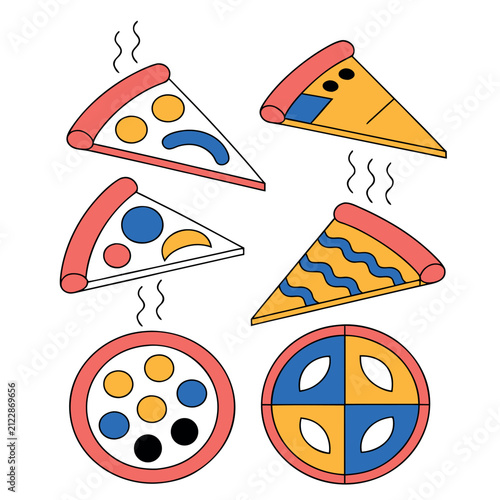 Flat vector pizza icon set featuring whole pizzas and pizza slices with different toppings, hot steam lines, colorful geometric shapes, bold black outlines