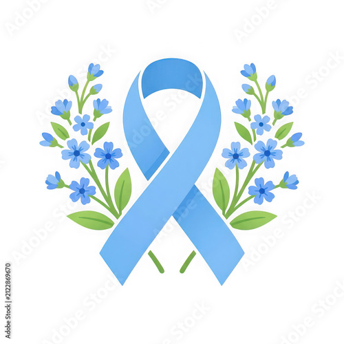 Light blue awareness ribbon with forgetmenot flowers isolated on transparent background