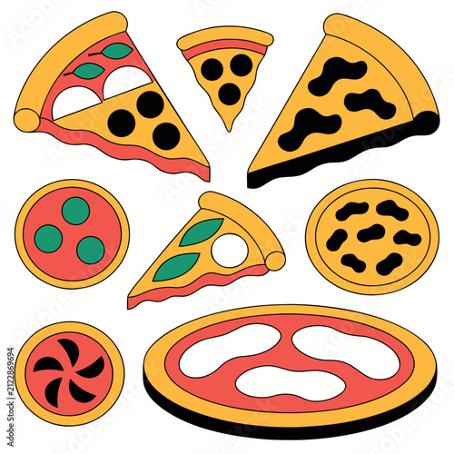 Flat vector pizza icon set featuring whole pizzas and pizza slices with different toppings, hot steam lines, colorful geometric shapes, bold black outlines