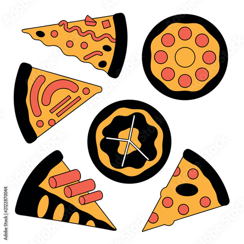 Flat vector pizza icon set featuring whole pizzas and pizza slices with different toppings, hot steam lines, colorful geometric shapes, bold black outlines