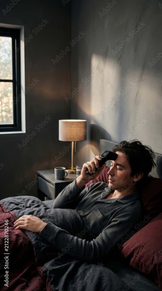 Fototapeta premium Man Relaxing In Bed Using Personal Grooming Device