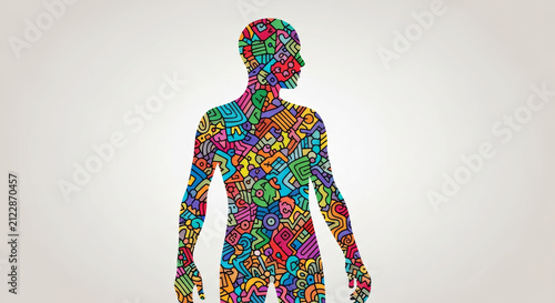 Man silhouette filled with colorful abstract doodle patterns. Creative human body shape representing mental health, diversity and creative thinking. Psychological conceptual art design.