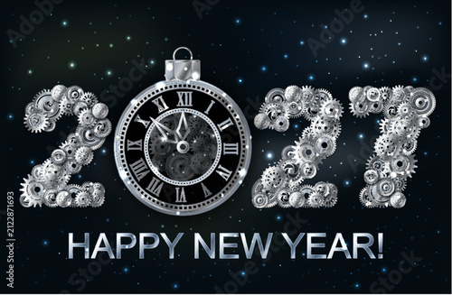 New Year 2027 steampunk background with silver clock and gears, vector illustration.