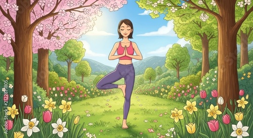 Woman practicing yoga in spring park. Girl doing tree pose meditation in blooming flower garden with cherry blossom tree. Healthy lifestyle, mindfulness, spiritual balance, wellness.
