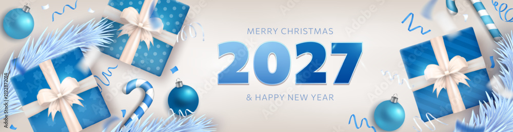 Obraz premium 2027 Happy New Year and Merry Christmas wide greeting header with 3d gift boxes with bows, candy canes, realistic silver confetti and fir branches. White blue panoramic banner for winter holidays
