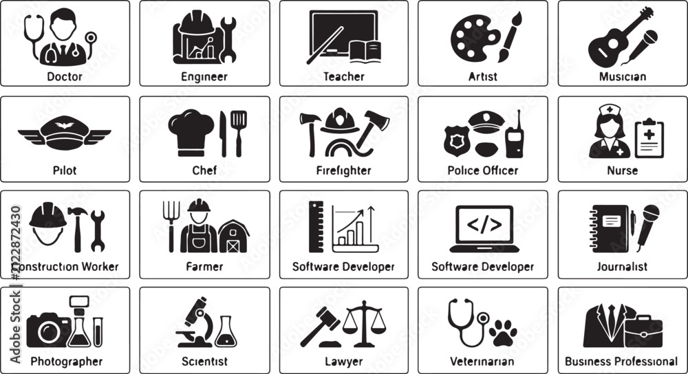 Fototapeta premium Collection of black stick figure showing office work activities including typing, writing, reading, printing, filing, and presentations