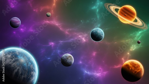 Colorful vibrant planets floating across deep space surrounded by glowing nebulae clouds and scattered stardust in this artistic cosmic background