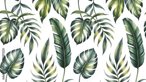 Tropical monstera and palm leaves decorative pattern featuring vibrant green foliage isolated on white background for modern interior design wallpaper