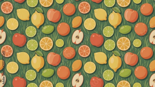 Vibrant flat vector pattern featuring assorted fresh fruits like lemons limes and apples scattered across a dark green grassy background