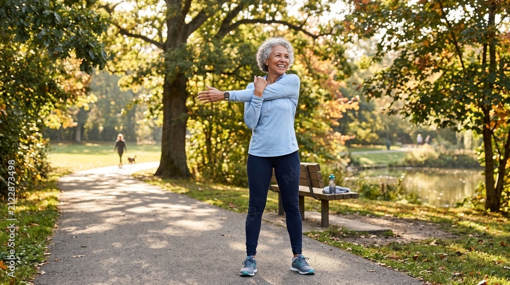 Fototapeta premium Smiling senior woman stretching arms in a park during autumn with colorful trees and a lake