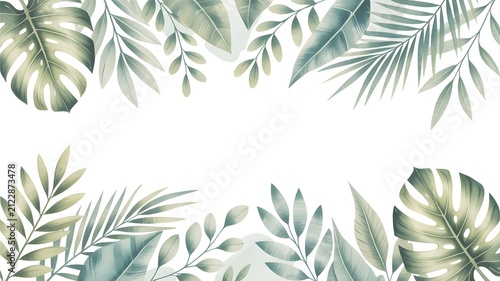 Decorative botanical frame features elegant tropical leaves painted in soft watercolor shades creating a beautiful natural border for modern graphic projects