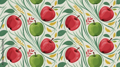 Vibrant red and green apples arranged in decorative repeating pattern with flowing organic foliage leaves on soft cream background texture