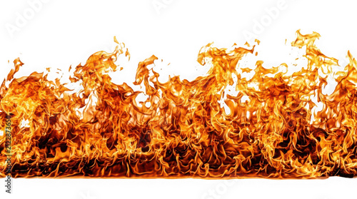 Intense wall of fire with bright orange flames isolated on transparent background