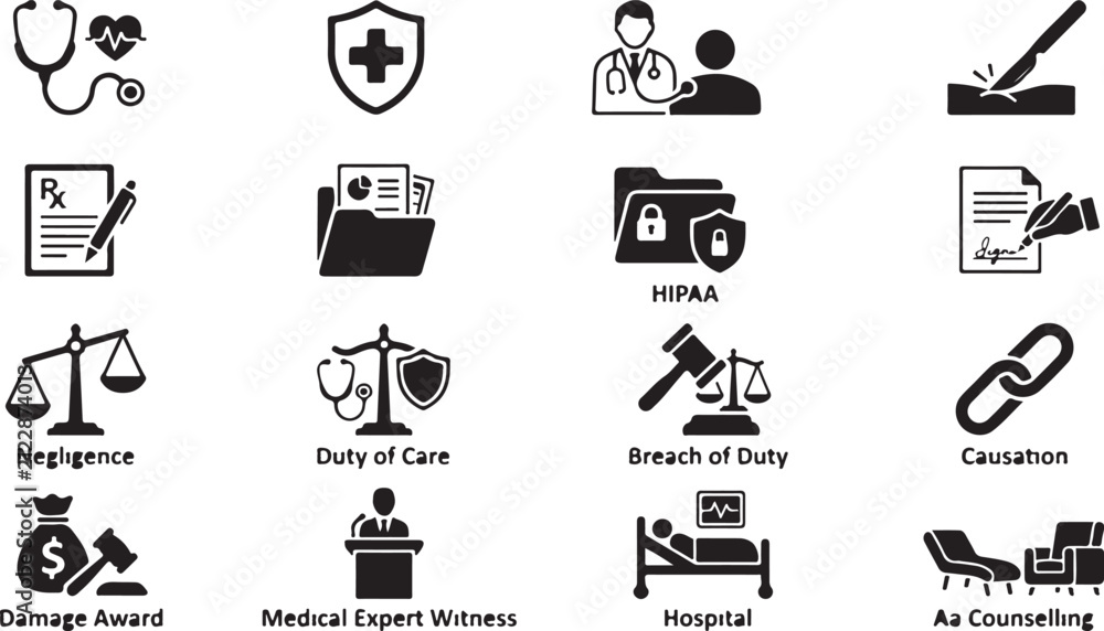 Fototapeta premium Medical legal and healthcare law set featuring doctors, documents, scales of justice, and hospital equipment on white background