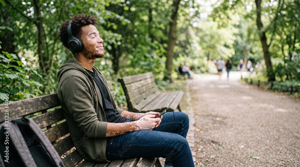 Obraz premium Young Man with Vitiligo Enjoys Music on a Park Bench with Headphones and Smartphone