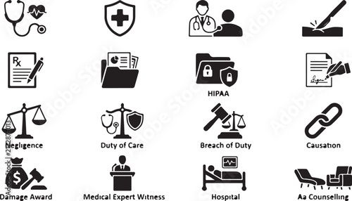 Foto Medical legal and healthcare law set featuring doctors, documents, scales of jus