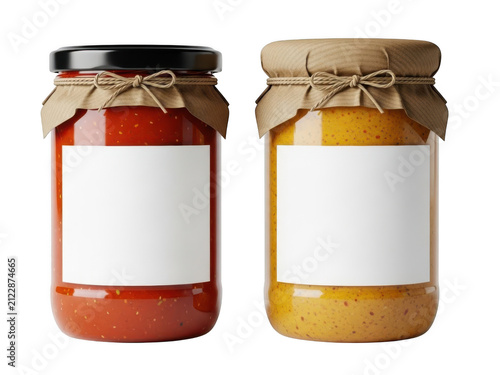 Two glass jars with blank labels containing red and yellow sauce isolated on transparent background