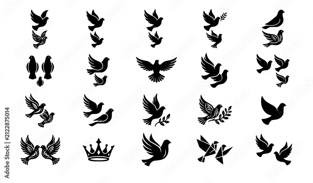 Fototapeta premium Solid and Textured Dove Icons Vector Collection for Peace Nature and Branding