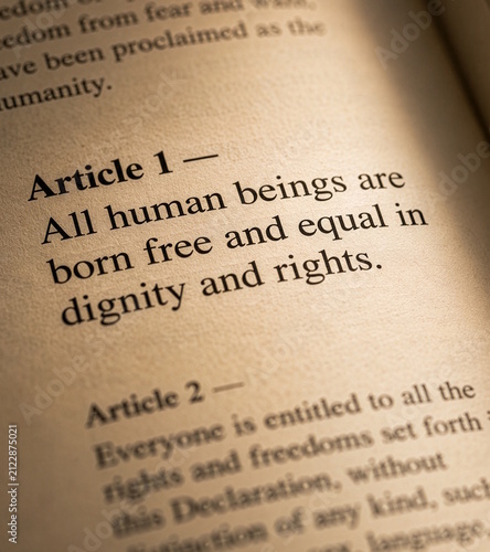 Close up of book page showing Article 1 of Universal Declaration of Human Rights