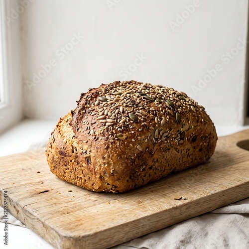 Freshly baked loaf of seeded whole grain bread on a rustic wooden cutting board