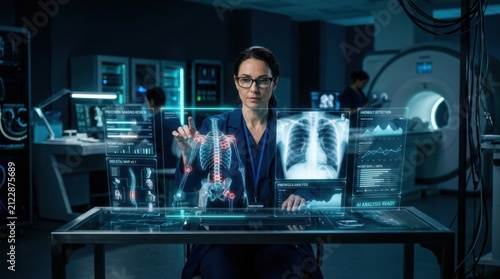 Innovative Medical Professional Analyzing Advanced Holographic Human Anatomy Data