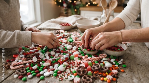 Hands sorting Christmas candy and treats on a rustic wooden table with festive decorations in the background