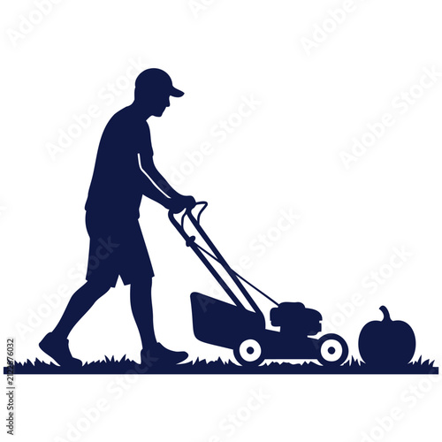 Man mowing lawn with pumpkin nearby silhouette illustration