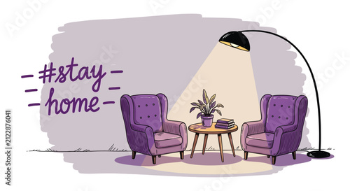A cozy illustration promotes staying home with comfortable chairs a lamp and books