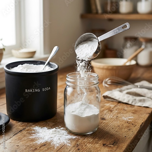 Baking soda being poured from a measuring cup into a glass jar