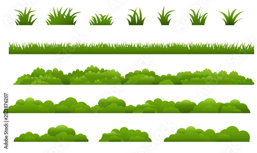Green Bushes And Grass Set Isolated White