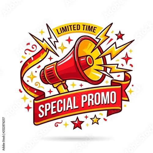 Megaphone with special promo banner isolated on white background