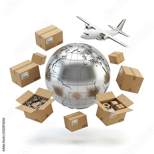 Global logistics and international shipping concept with airplane and parcels isolated on white background