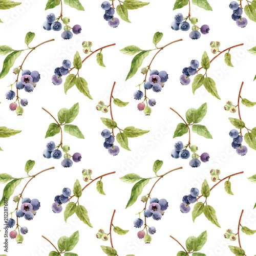 Seamless pattern with blueberry branches with green leaves drawn in watercolor. Isolated botanical illustration of fresh wild berries.