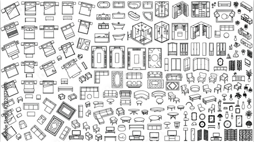 Set of top view furniture icons for interior design and floor plans, isolated on white background