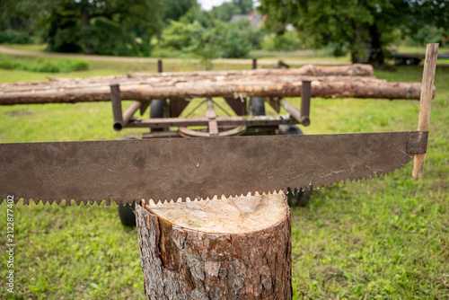 Fotografía Antique two-person crosscut saw displayed on a tree stump beside a log trailer