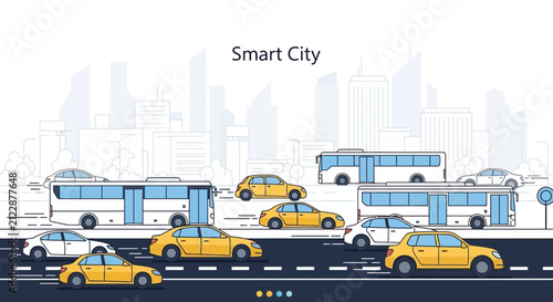 Futuristic smart city with autonomous electric vehicles and traffic.