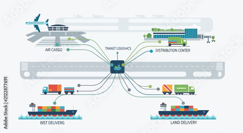 Global logistics network with air sea and road transportation hubs.