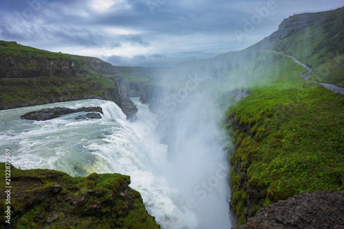 Gullfoss Waterfall Iceland Powerful Cascading Water Moss Covered Cliffs