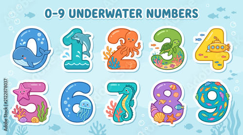 Fotografía Set of colorful underwater themed numbers from zero to nine featuring adorable s