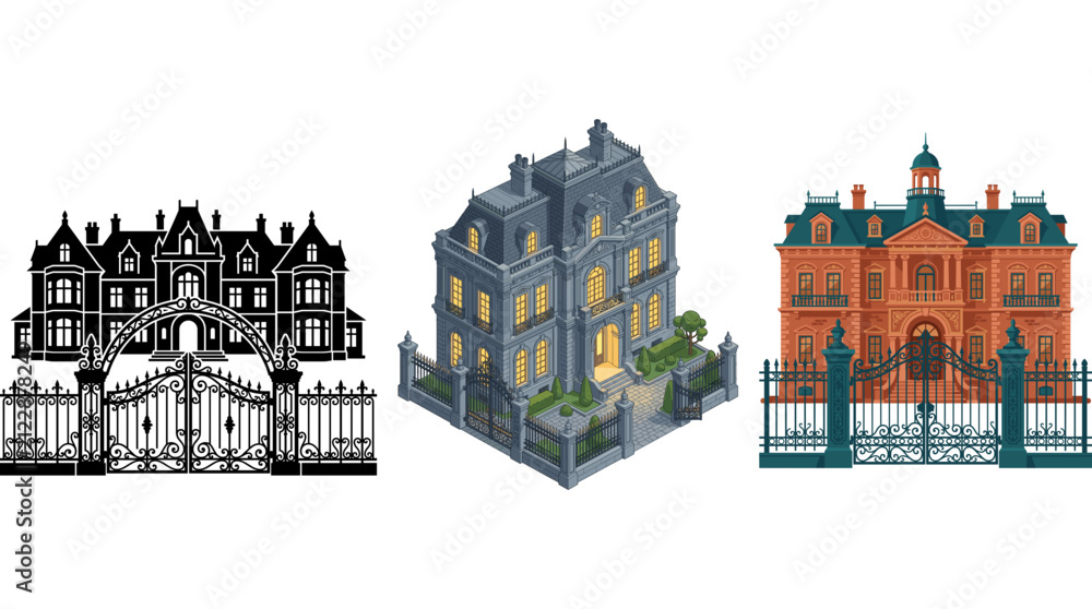 Fototapeta premium Set of luxury mansion illustrations with ornate iron gates in silhouette isometric and flat styles