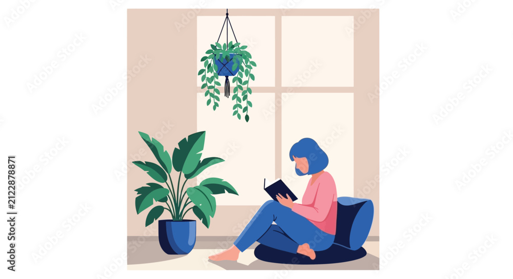 Fototapeta premium A woman relaxes and reads a book near a window with lush indoor plants