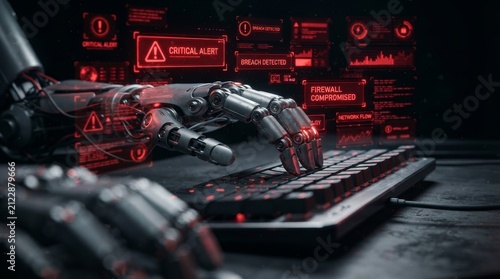 Cybersecurity concept featuring a robotic hand and digital warnings for data protection.